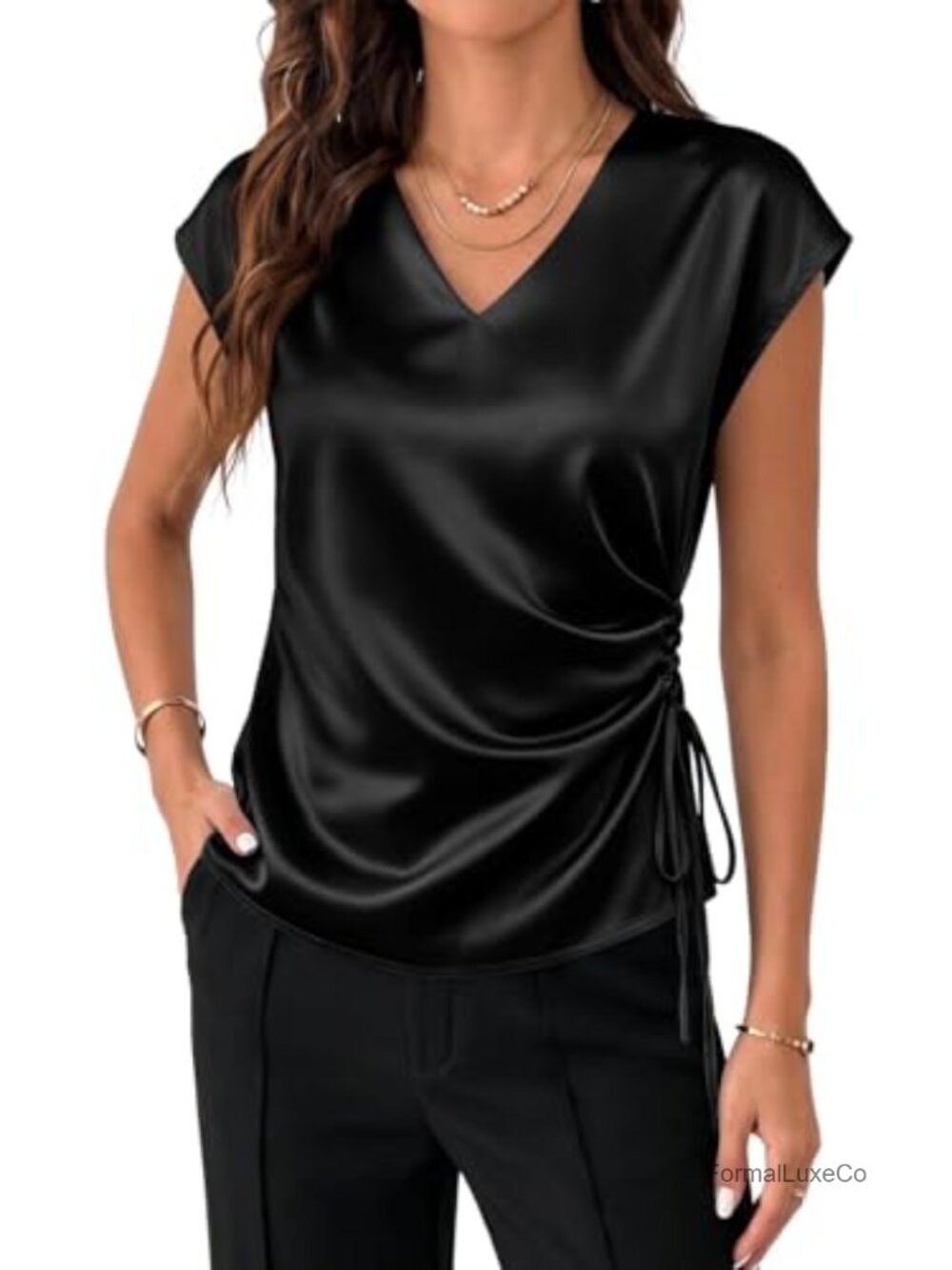 Satin Blouse Dressy Casual V-Neck Cap Sleeve Side Tie Work Top